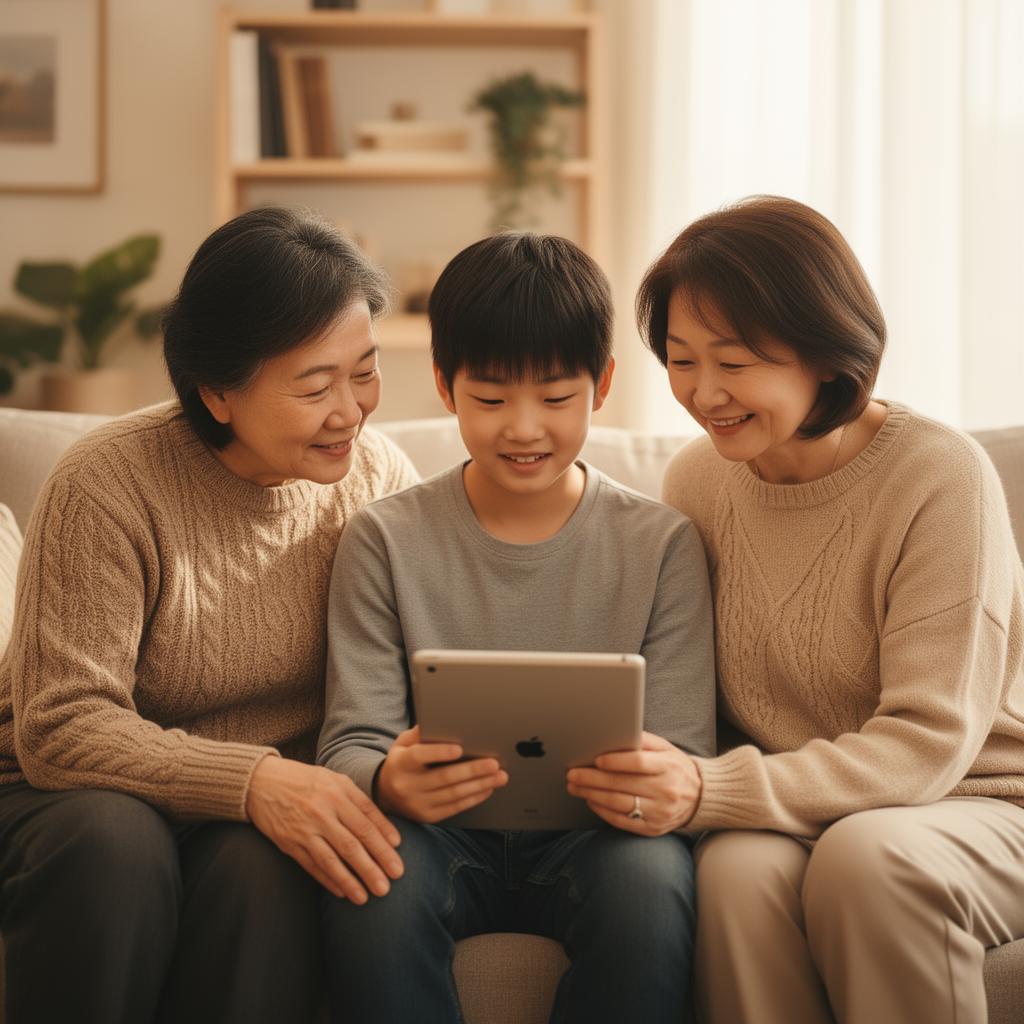 Eltern mit Kind am Tablet